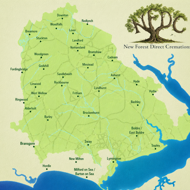 Map of New Forest District Council showing location names and geographical features.
