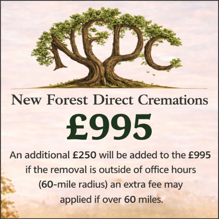 Logo of NFDC with pricing details for direct cremations and additional charges.