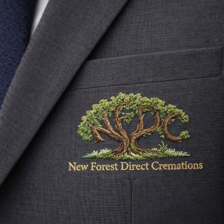 Embroidered logo of New Forest Direct Cremations on a dark suit jacket.