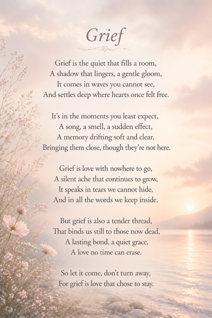 A serene landscape with soft pink hues and wispy flowers, evoking a sense of calm and reflection on grief.